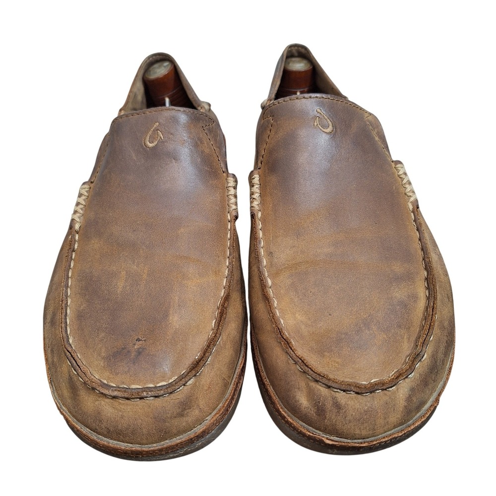 OluKai Moloa Mens 11.5 Leather Moc-Toe Slip On Loafers Brown Drop-In Heel